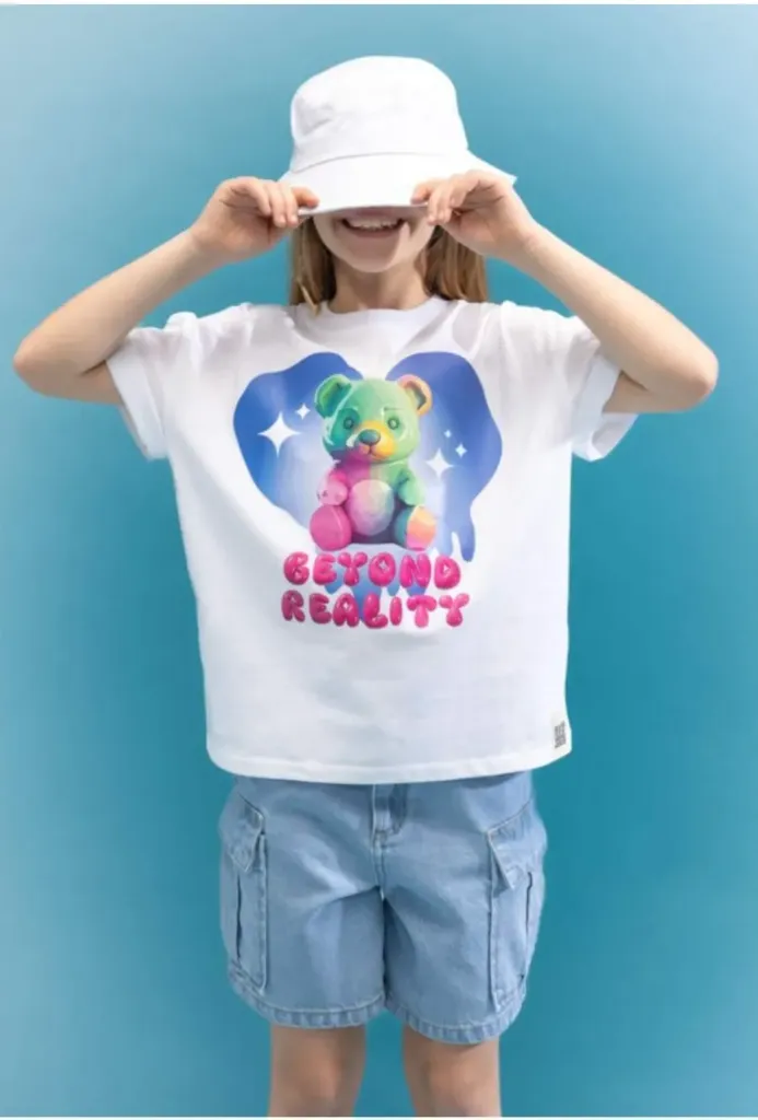 [C5464A8WT34] تي شيرت بناتي نص كم اوفر سايز  (5 - 6 year)