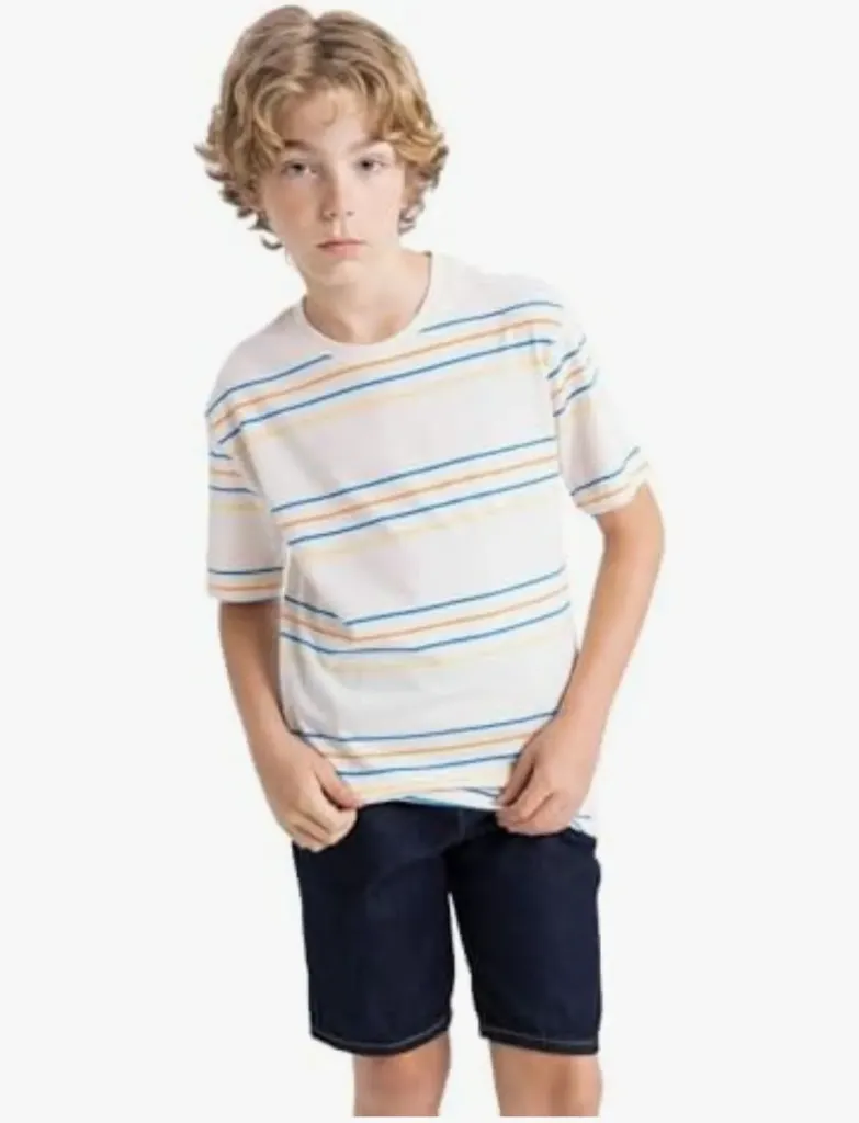 [B6157A8WT46] تي شيرت مخطط اولادي   (8 - 9 year)