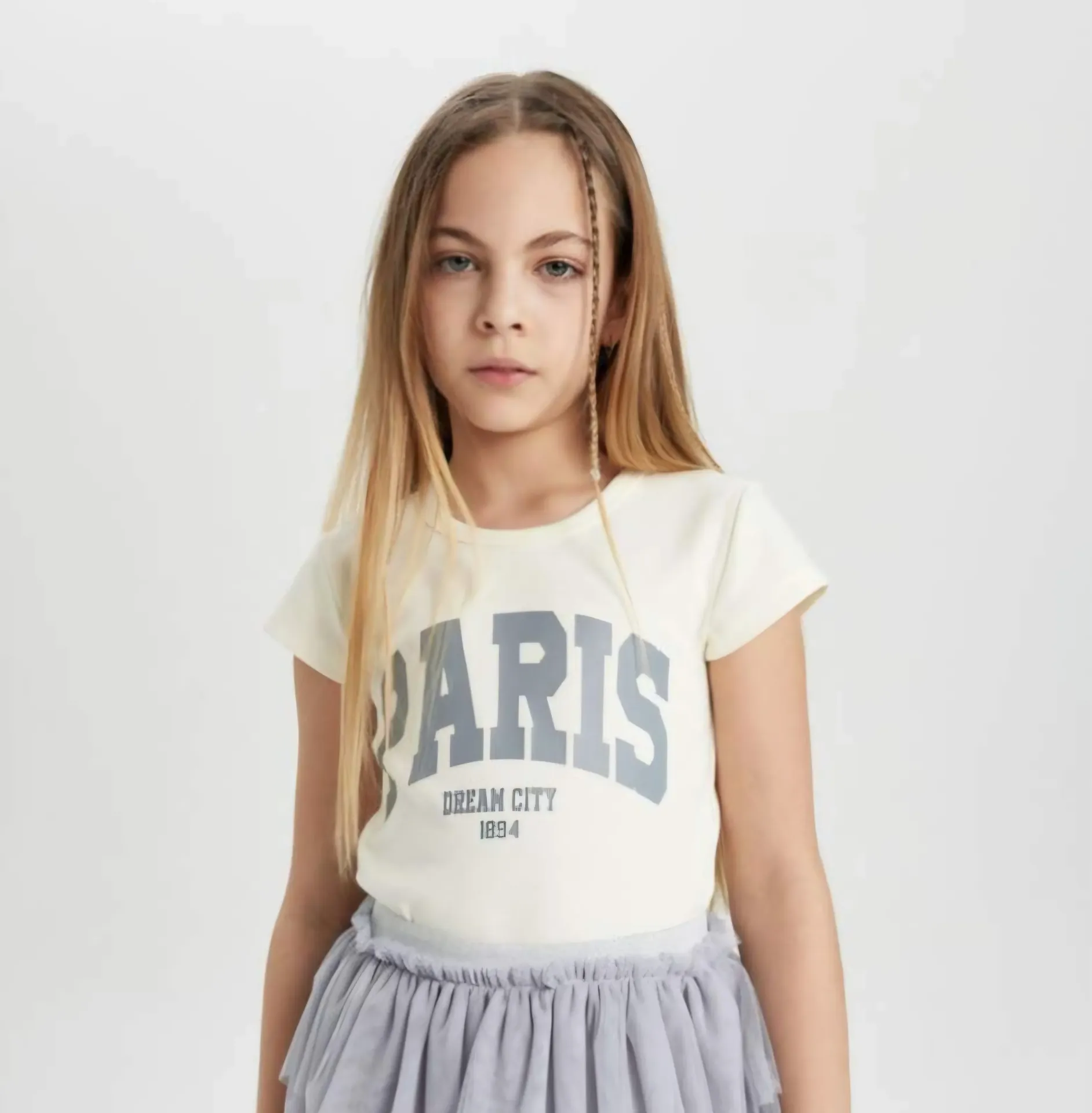 [C2953A8ER136] تي شيرت نص كم بناتي مضلع  (8 - 9 year)