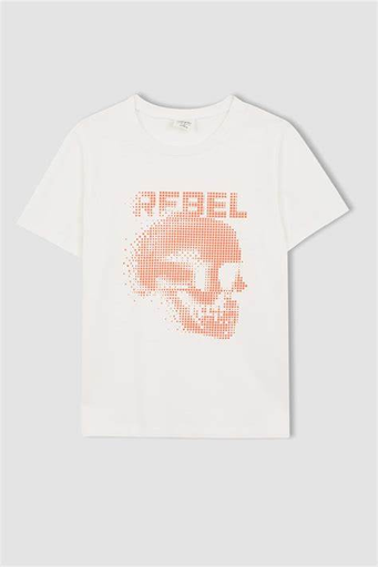 تي شيرت قطني بأكمام قصيرة ورقبة دائرية وطبعات رأس جاف **