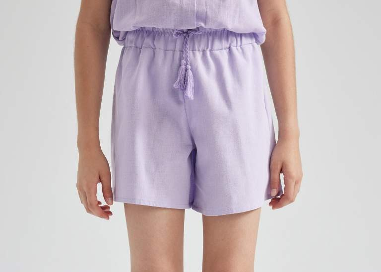 [T3862A6PR33] شورت بناتي بخصر مطاطي مزين بشراشيب *