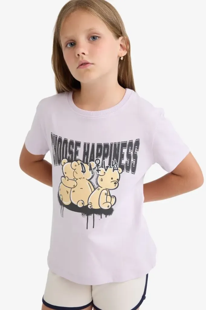 تيشيرت بناتي نص كم مطبوع