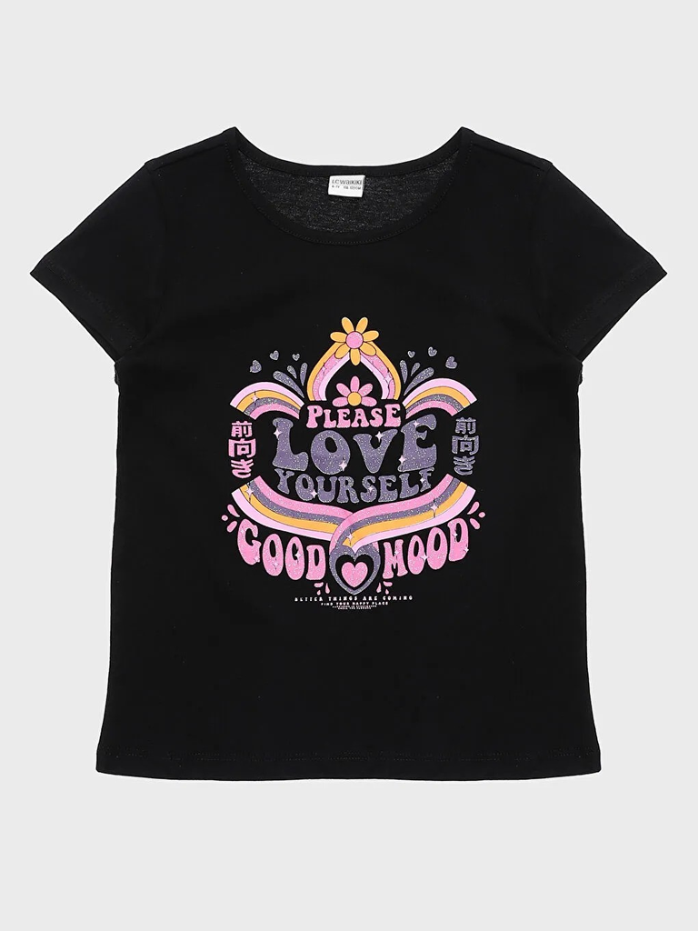 تي شيرت بناتي مطبوع بأكمام قصيرة  