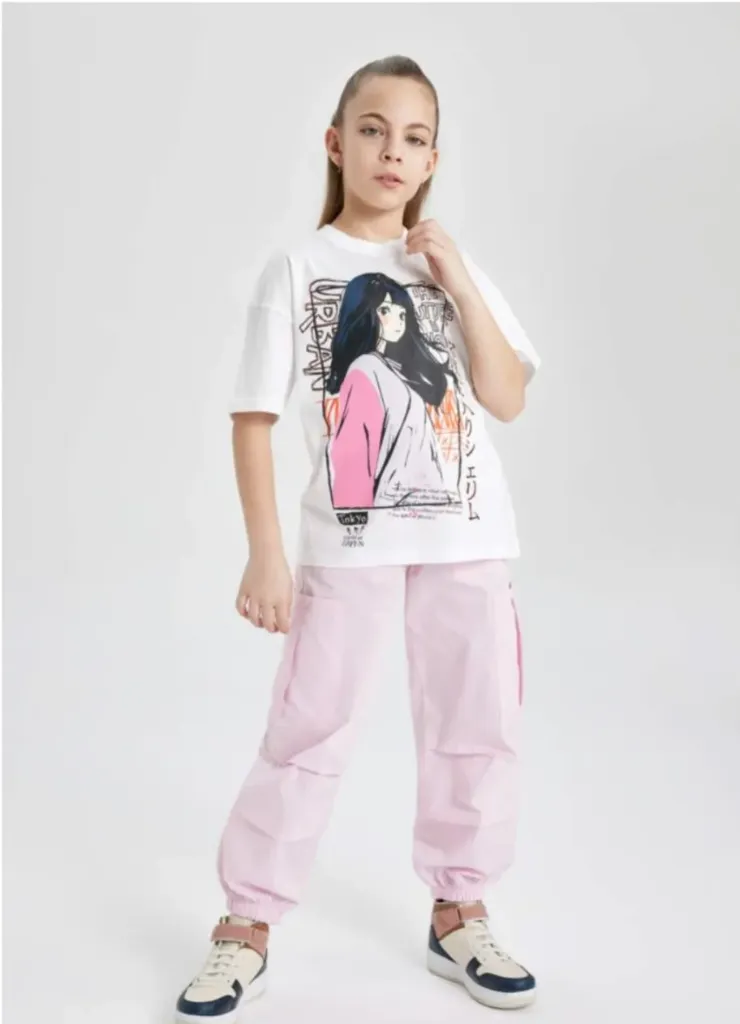 [B5169A8WT34] تي شيرت بناتي نص كم اوفر سايز (7 - 8 year)