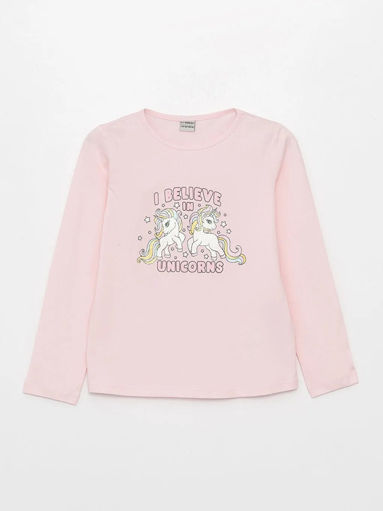 تي شيرت بناتي مطبوع بأكمام طويلة 