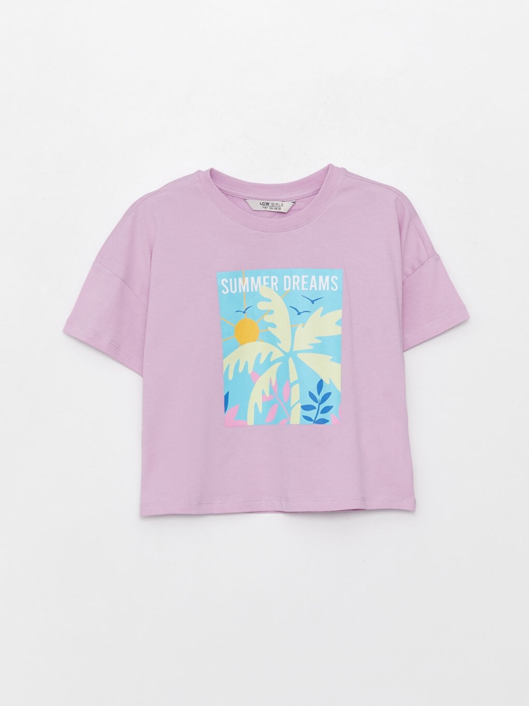 تي شيرت بناتي مطبوع بأكمام قصيرة 