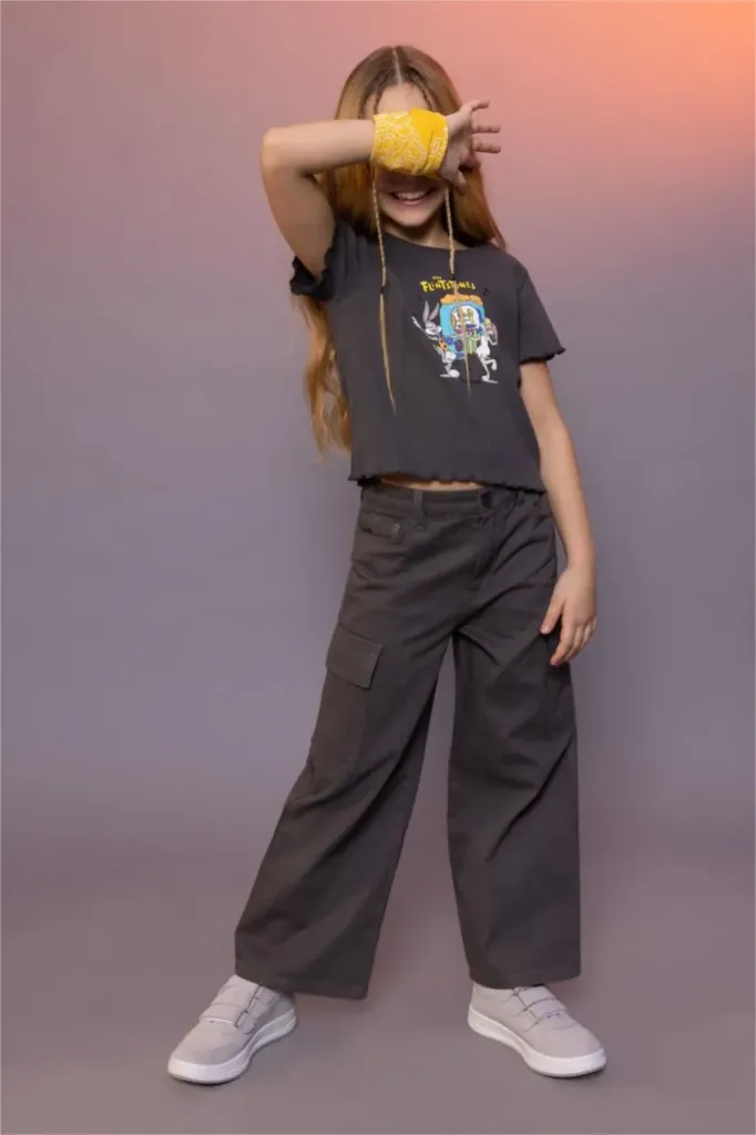 [Y0515A6AR82] بنطلون قطن بناتي وايد ليج  (6 - 7 year)