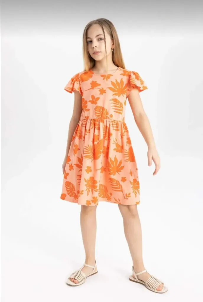 [B4339A8OG44] فستان فلورال نص كم  (5 - 6 year)